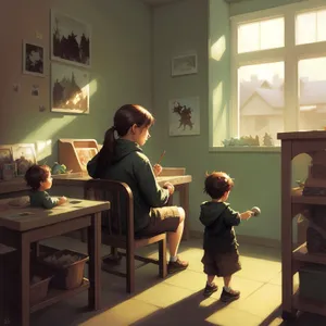 Modern classroom with professional teacher and students.