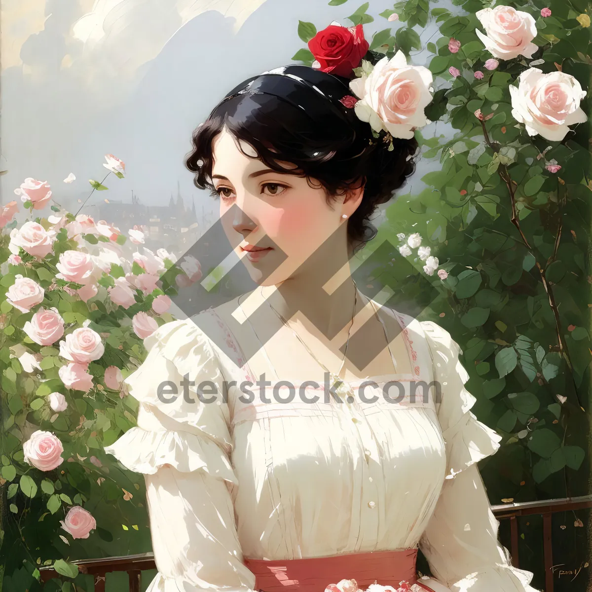 Picture of Smiling Wedding Couple with Bouquet in Love