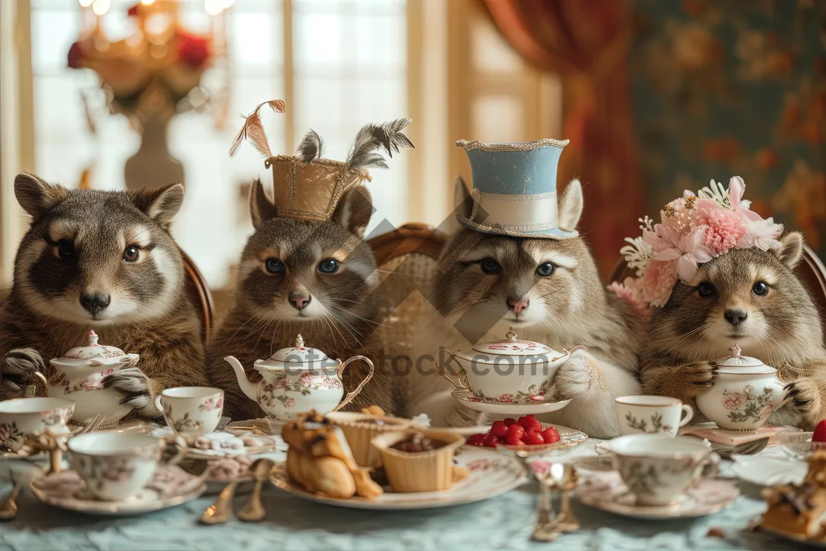 Picture of Table setting with tea cup, flowers in porcelain container