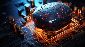 Sci-fi concept. The central computer processor in the form of an artificial brain microchip as the main element of the artificial intelligence system is installed on the motherboard of the supercomputer