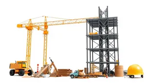 Silhouette of industrial crane lifting steel structure against sky