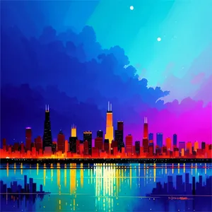 Nighttime Reflections: City Skyline and Waterfront