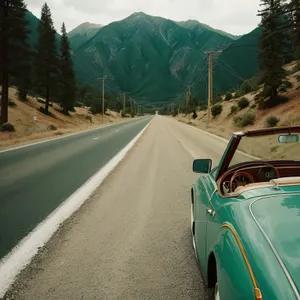 Speeding car on winding mountain road.