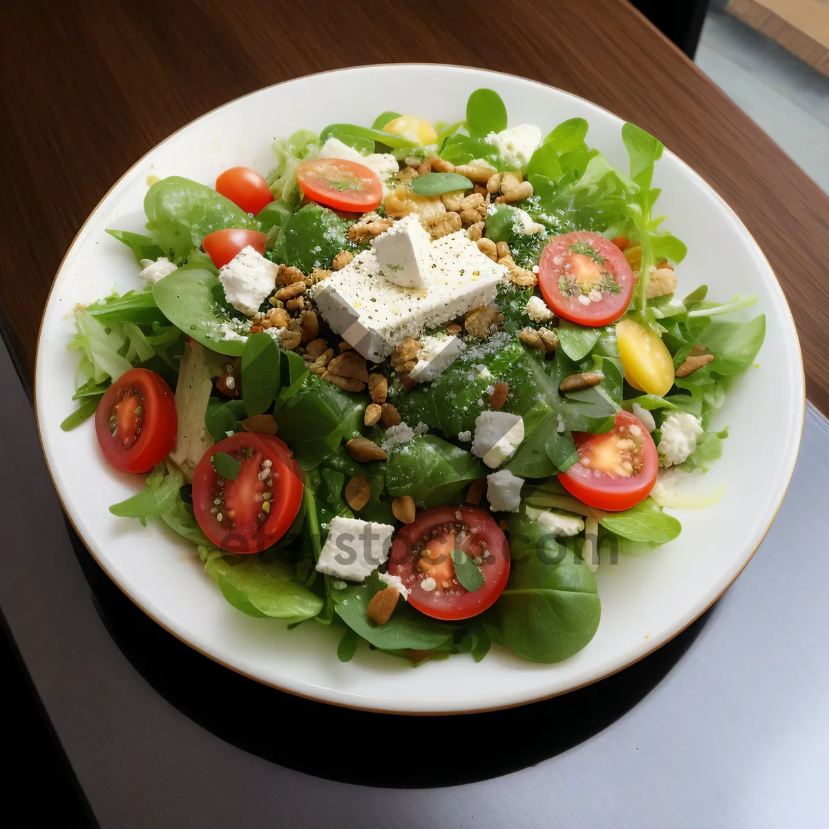 Picture of Gourmet vegetable salad with fresh tomato and cucumber slices.