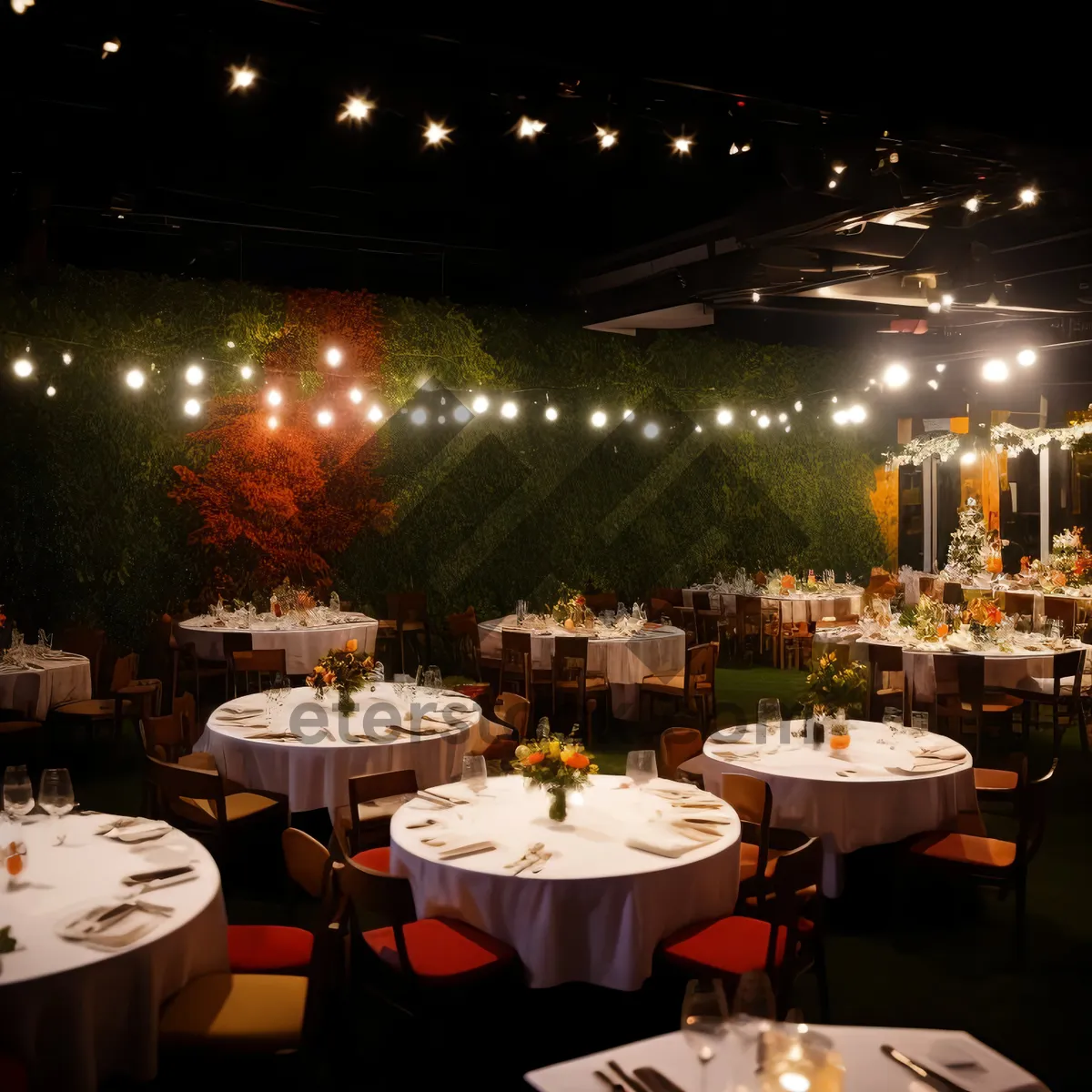 Picture of Restaurant interior with elegant table setting and wine glass