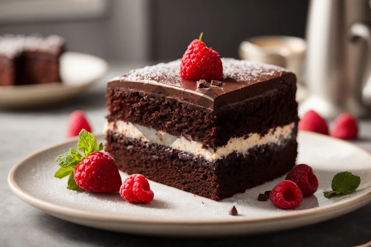 Picture of Delicious Berry Cake with Chocolate and Mint Garnish