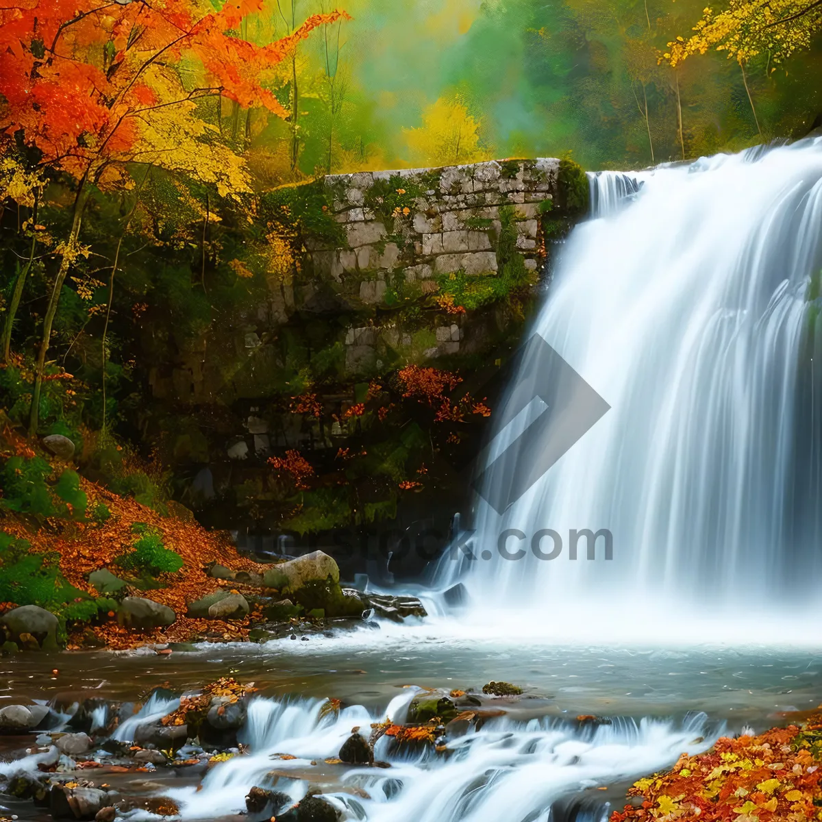 Picture of Gushing Waterscape: Serene Mountain Cascade in Forest Park