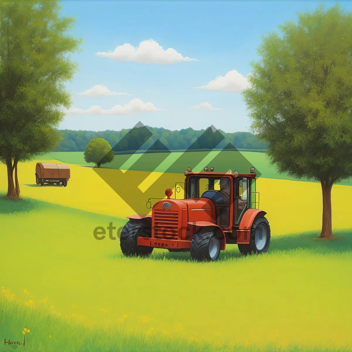 Picture of Yellow Tractor Working in Rural Farm Field