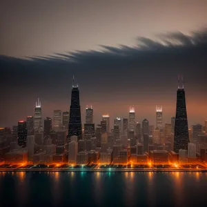 Nighttime cityscape showcasing iconic waterfront skyline