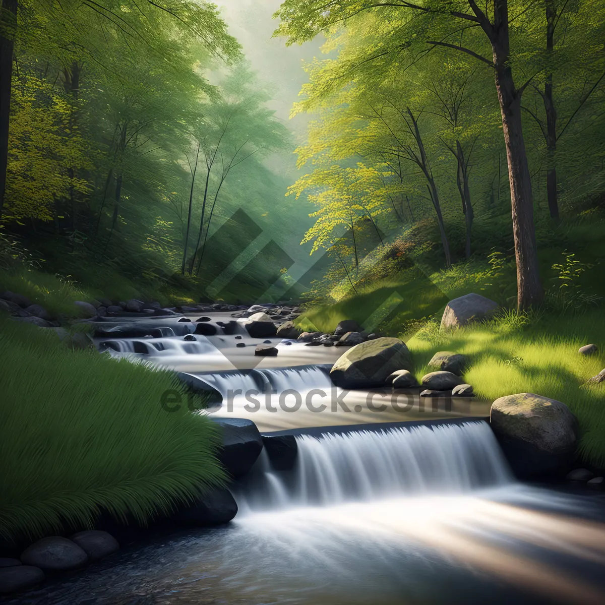 Picture of Serene Cascade in Forested Mountain Landscape