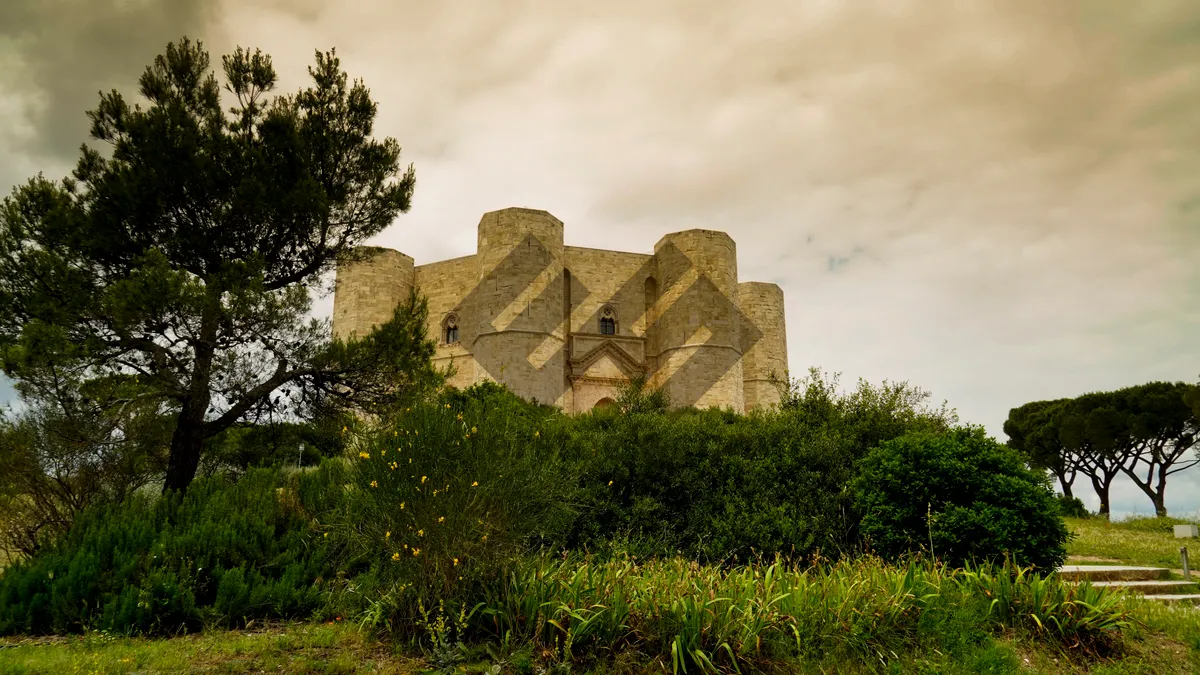 Picture of Ancient Castle Tower overlooking Historic Stone Fortress Ruins.