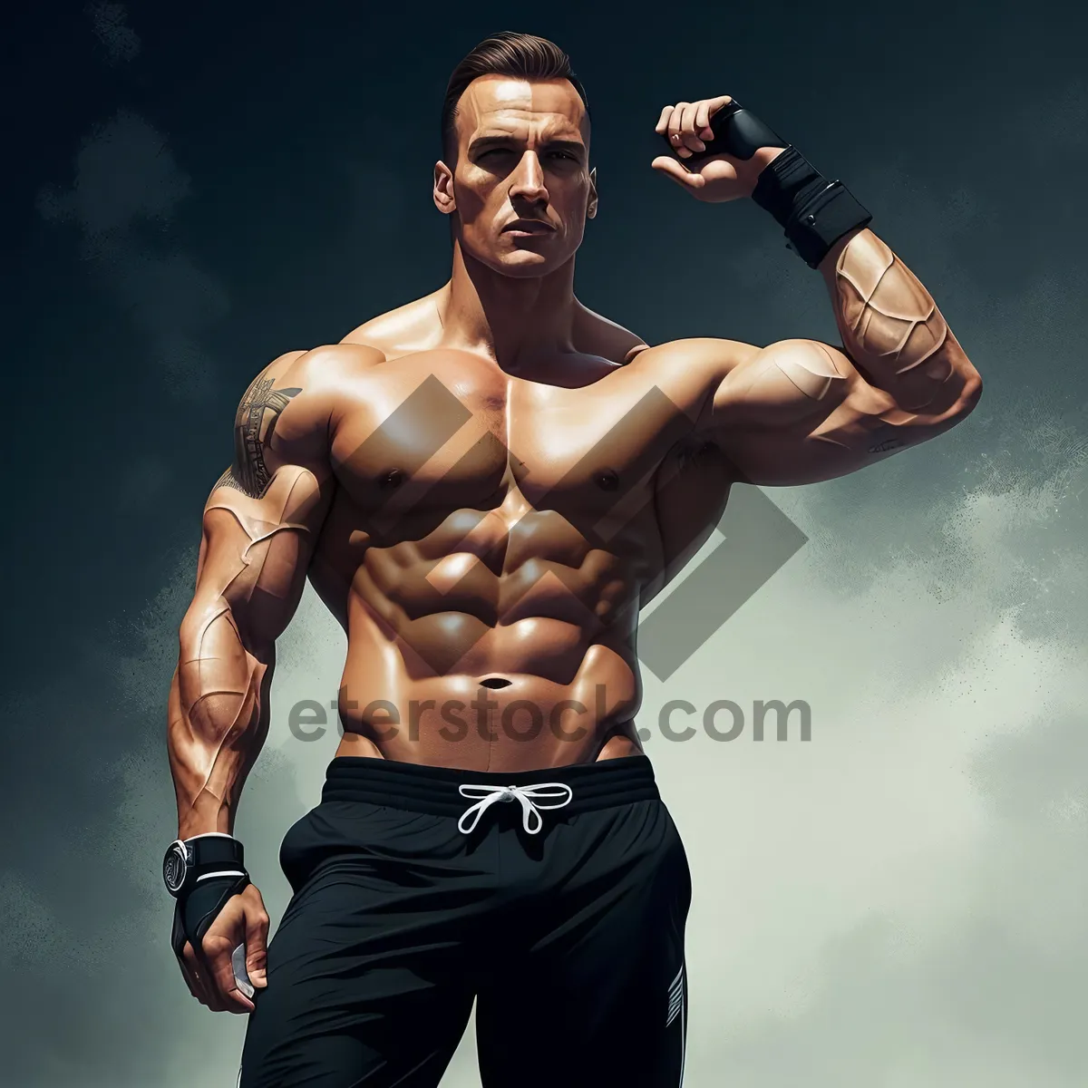 Picture of Stylish Fitness Model in Black Shirtless Portrait