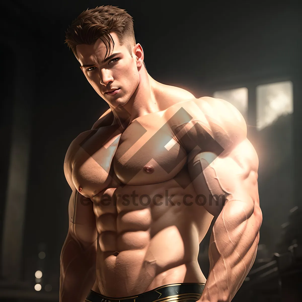 Picture of Muscular Male Model Flexing in Dark Studio