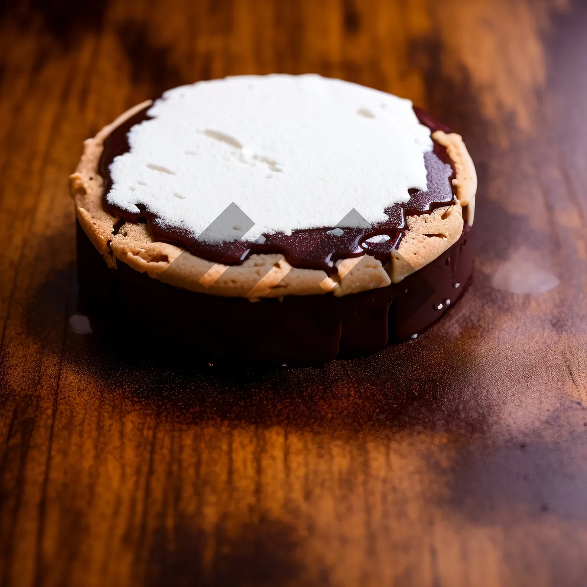Picture of Sweet chocolate cake with creamy cheese topping and chocolate sauce.