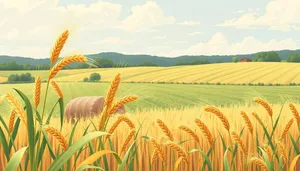 Sunny rural landscape with wheat fields and clouds