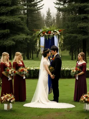 Joyful Wedding Celebration: Happily Married Couple with Bouquet