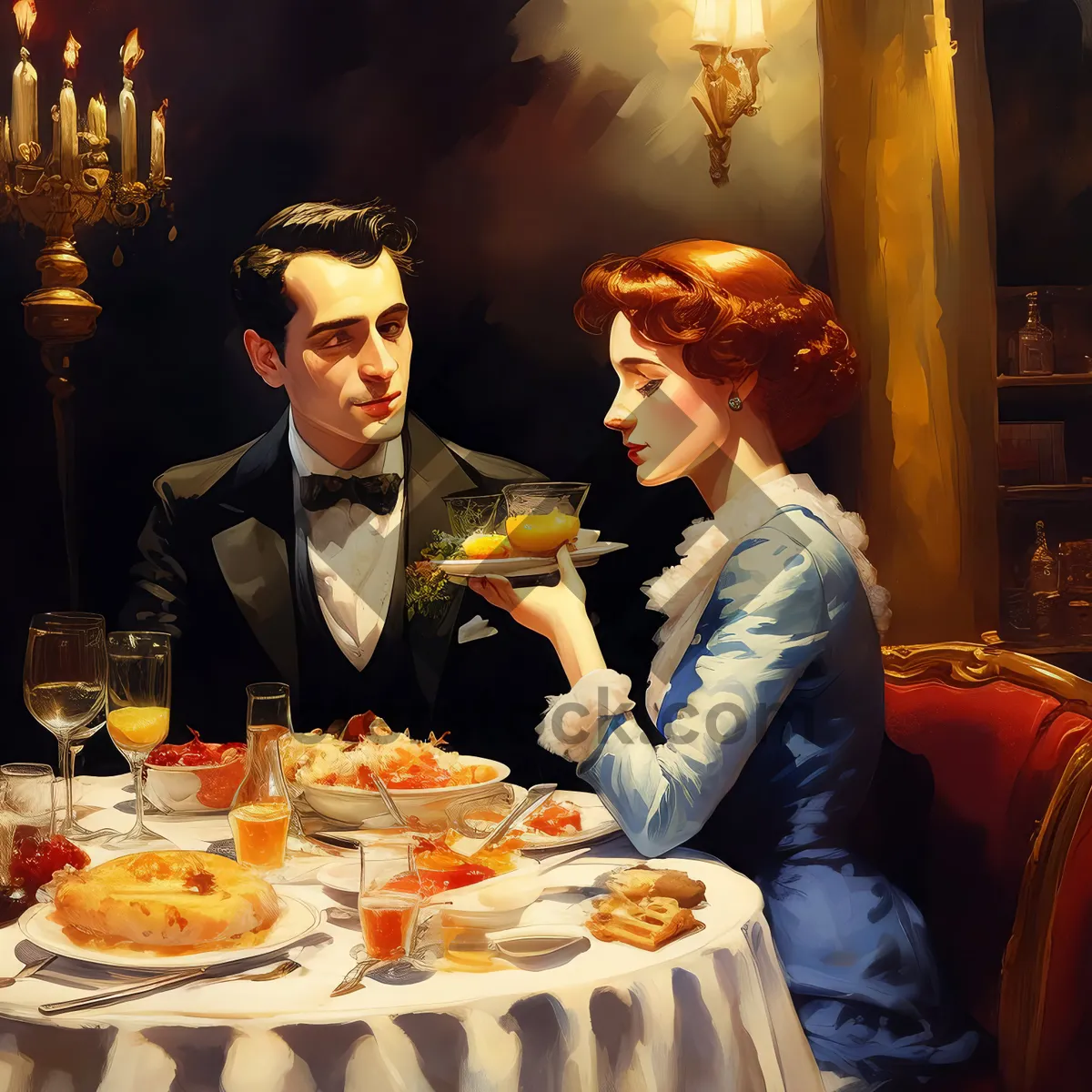 Picture of Happy couple enjoying dinner at restaurant table.
