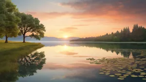 Tranquil sunset landscape by the lake