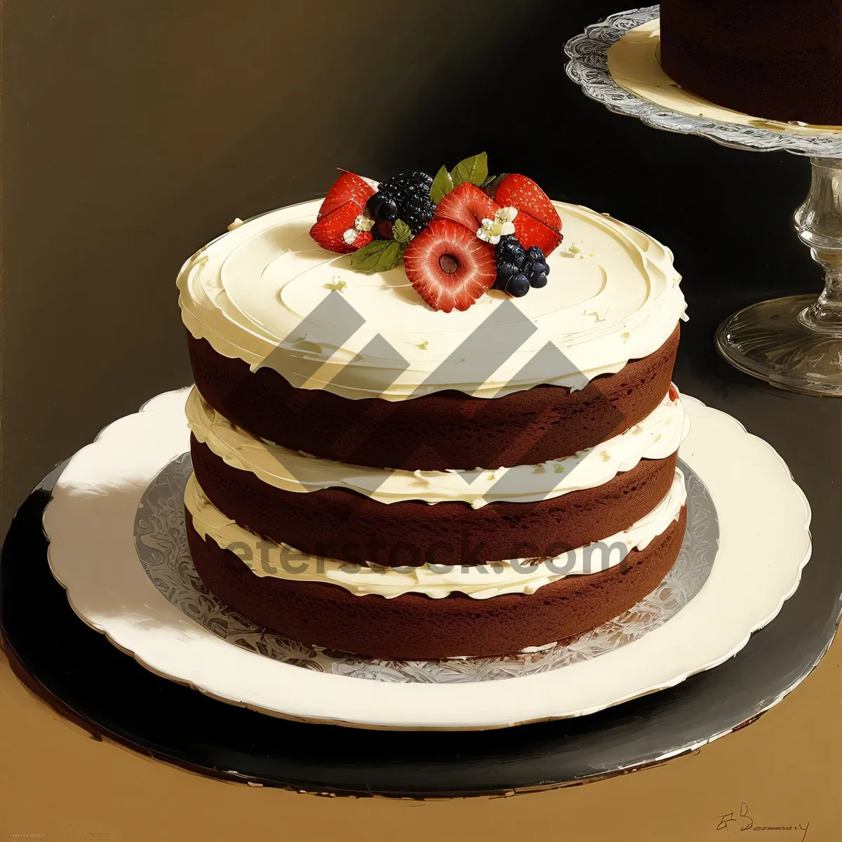 Picture of Delicious strawberry chocolate cake with fresh berries and cream