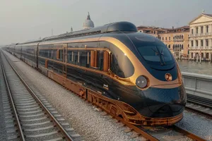 City train station with fast-moving locomotive	passenger train	urban transportation车站路径urban travel and journey by rail_Passenger transportation at railroad station_Speeding car in urban area_urban transport system