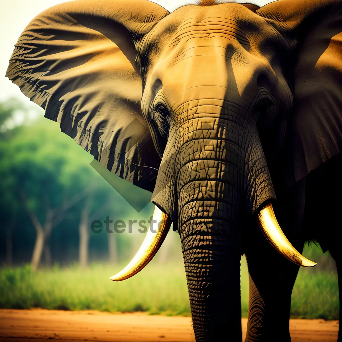 Picture of Majestic tusker roaming freely in wildlife sanctuary.