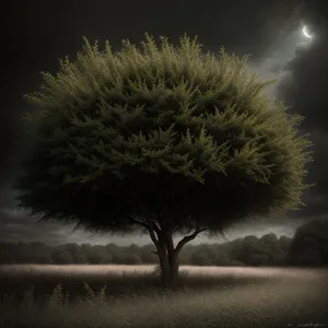 Nighttime Willow Tree in Starlit Field