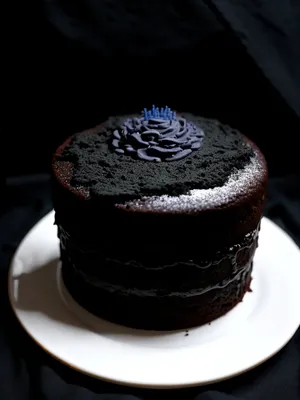 Decadent chocolate cake with creamy frosting and sugar garnish.