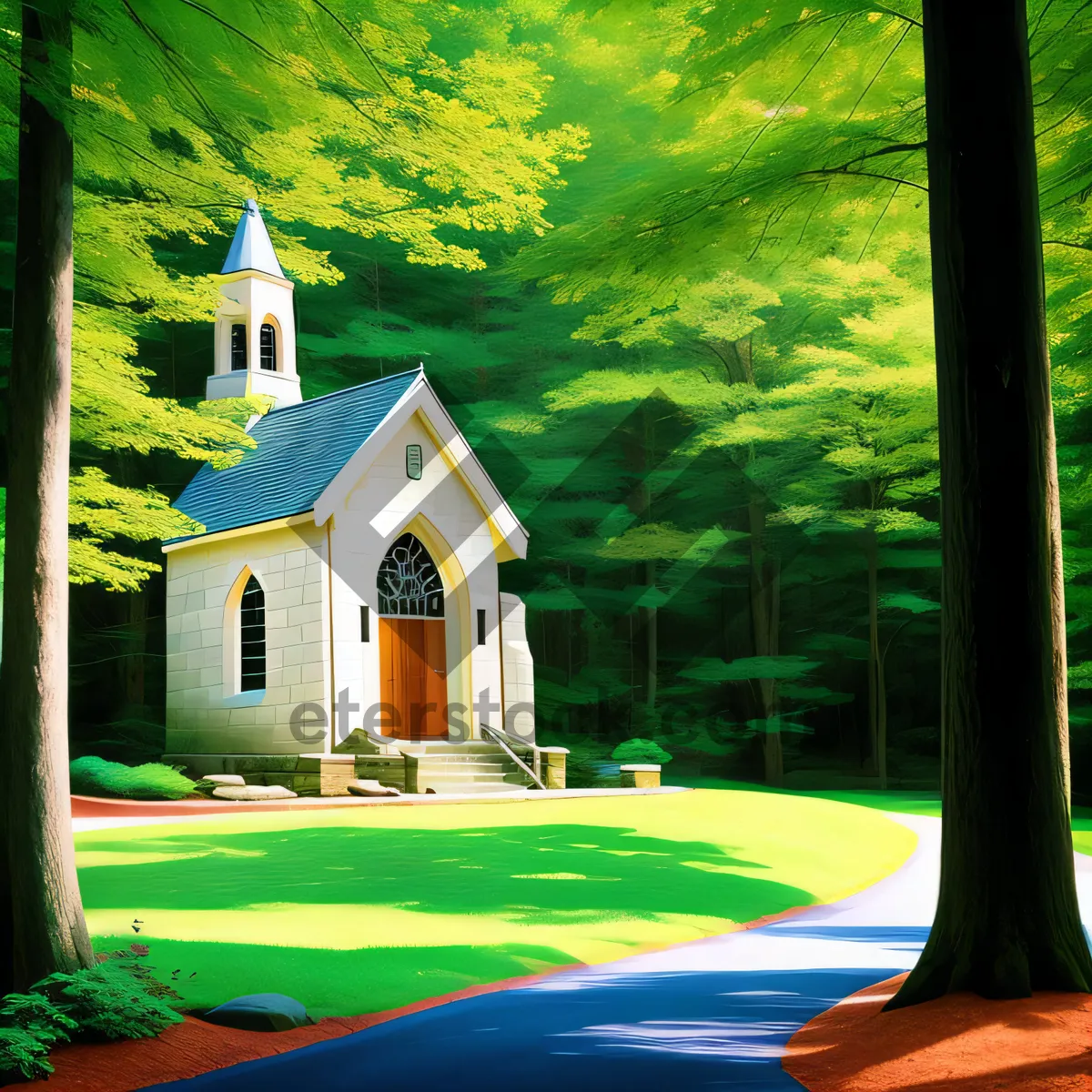 Picture of Charming Country Church Surrounded by Greenery and Serene Nature
