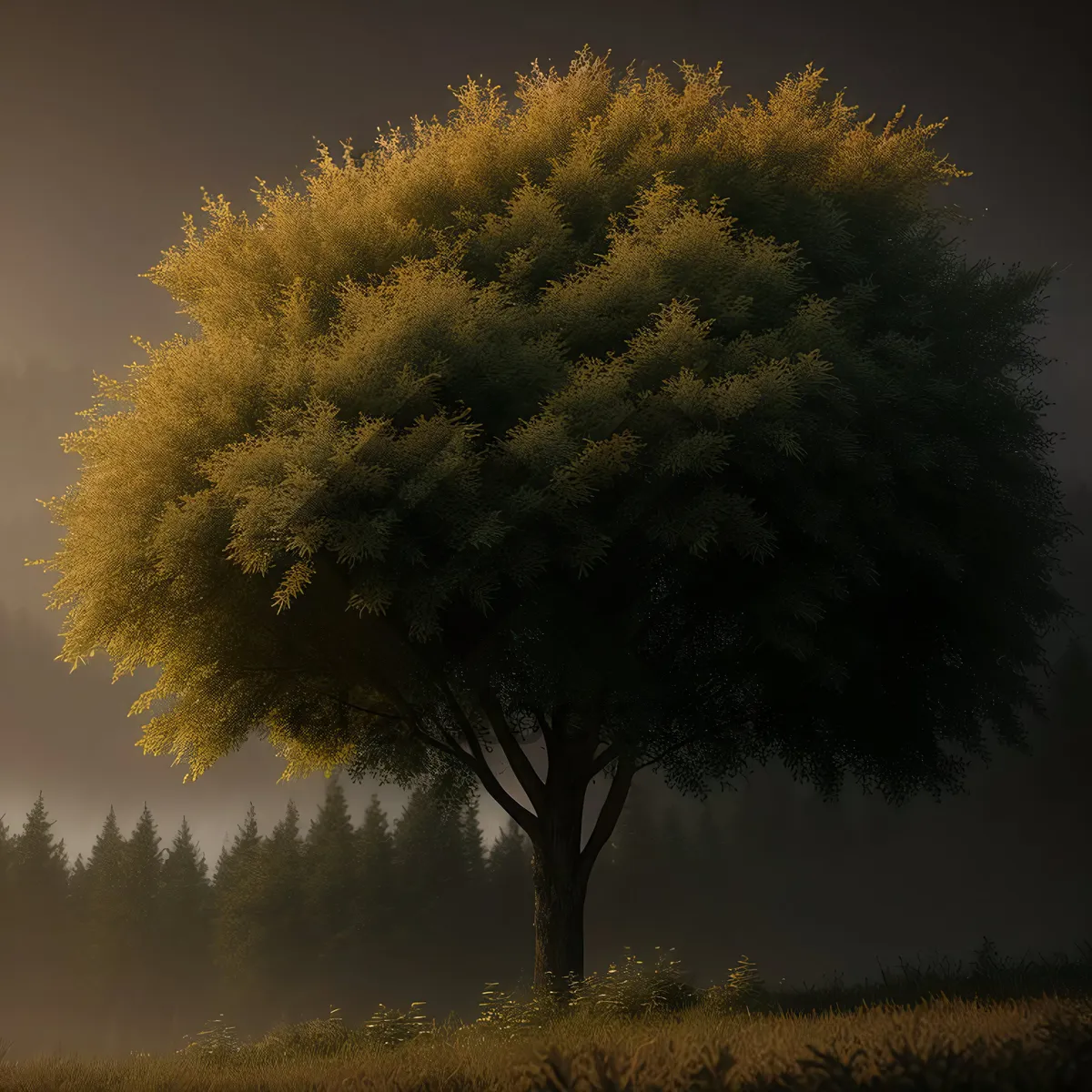 Picture of Autumn Landscape with Acacia Trees and Dandelions