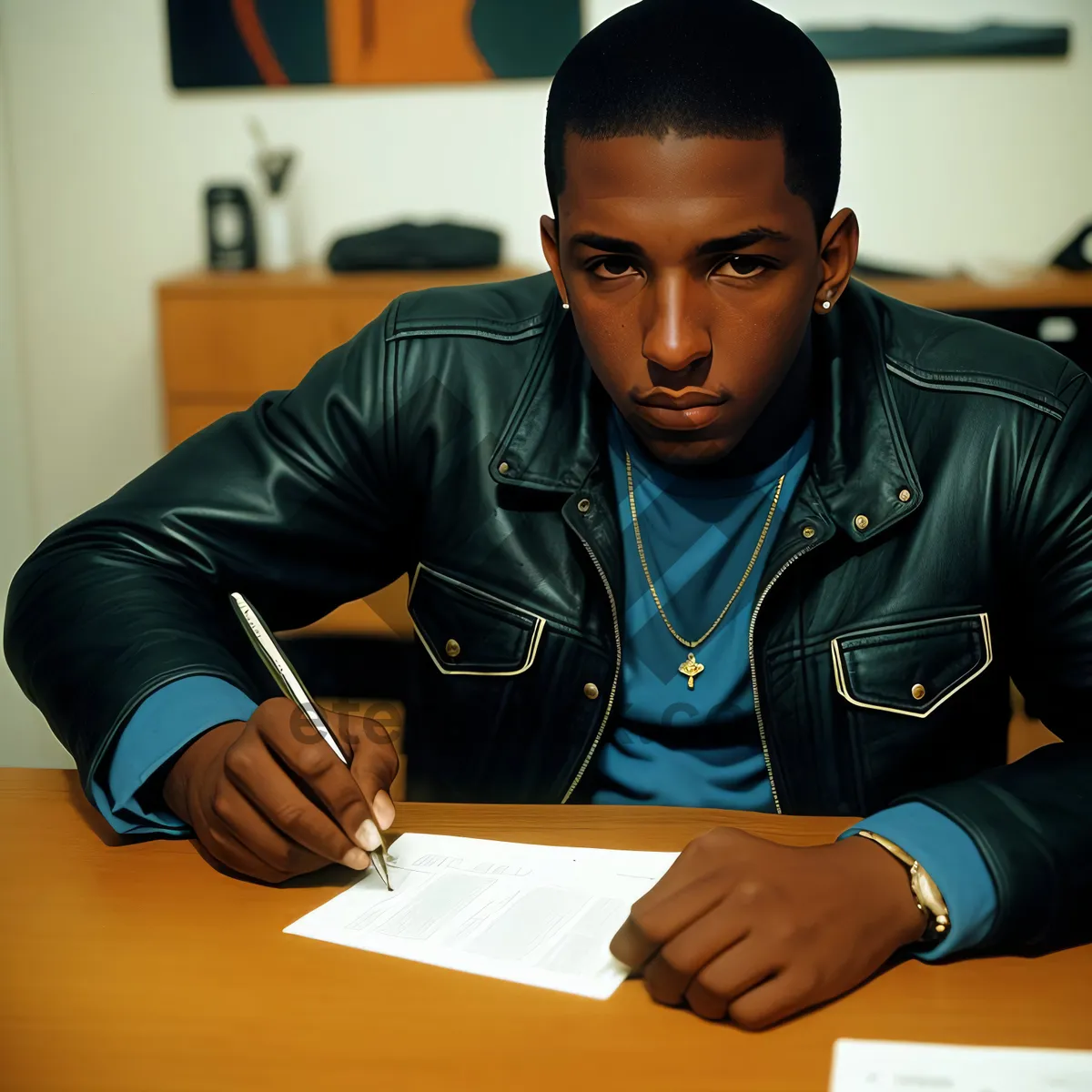 Picture of Smiling Businessman Working at Desk with Laptop