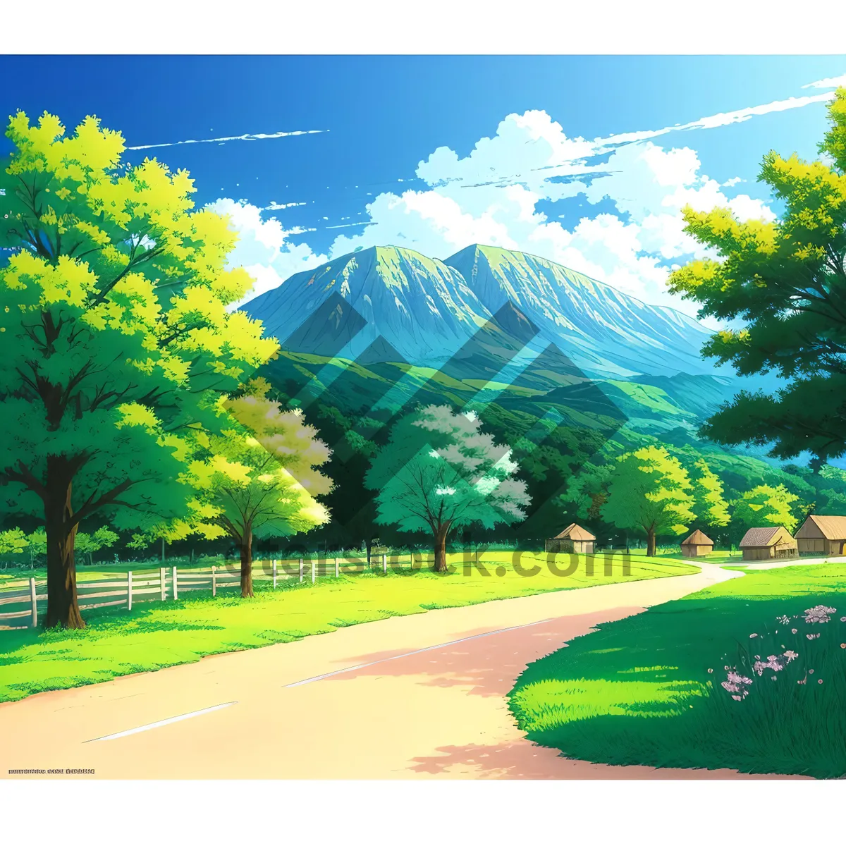 Picture of Sunny Rural Landscape with Tree and Rolling Fields