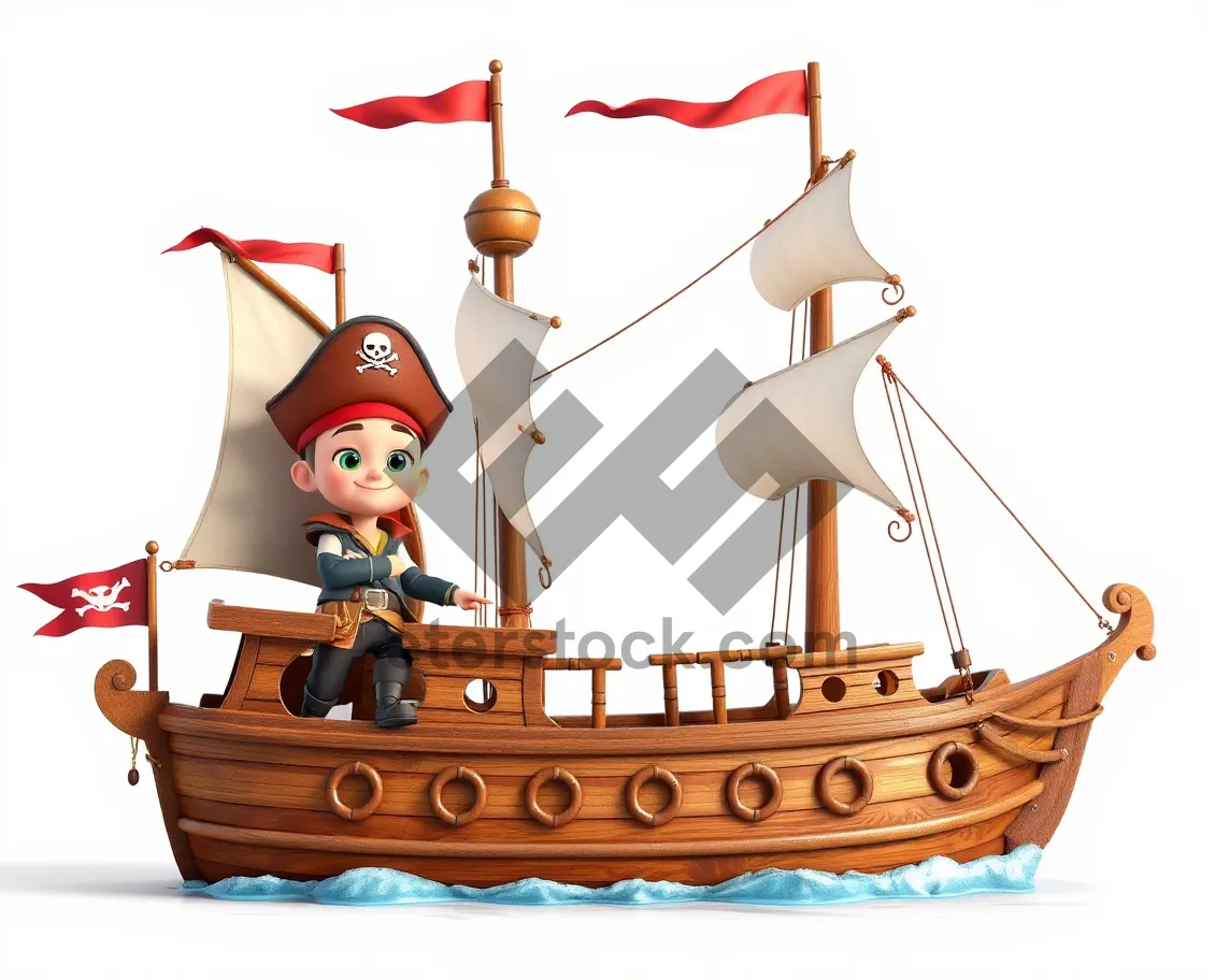 Picture of Cartoon pirate ship craft with fisherman on board.