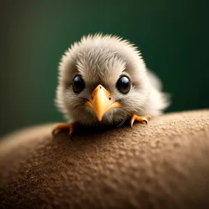 Fluffy yellow chick with beady eyes.