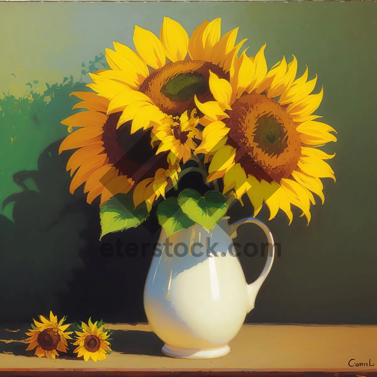 Picture of Colorful Sunflower in Yellow Vase under Sunny Sky