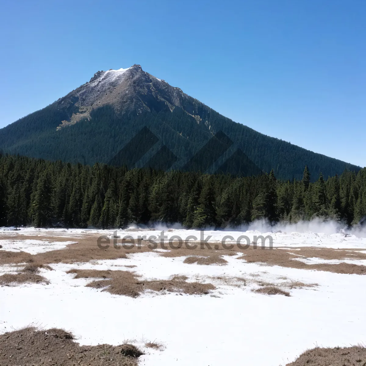 Picture of Majestic Volcano amidst Snow-Covered Mountains and Serene Lake