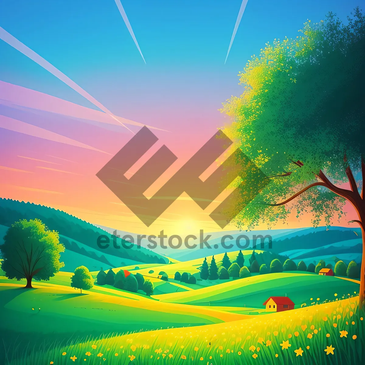 Picture of Sunny Meadow Horizon: Vibrant Landscape Under Clear Sky