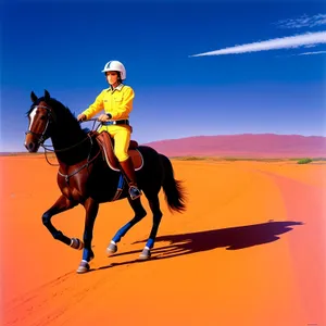 Sundown ride: Majestic horse and rider silhouette on dunes under glowing sunset