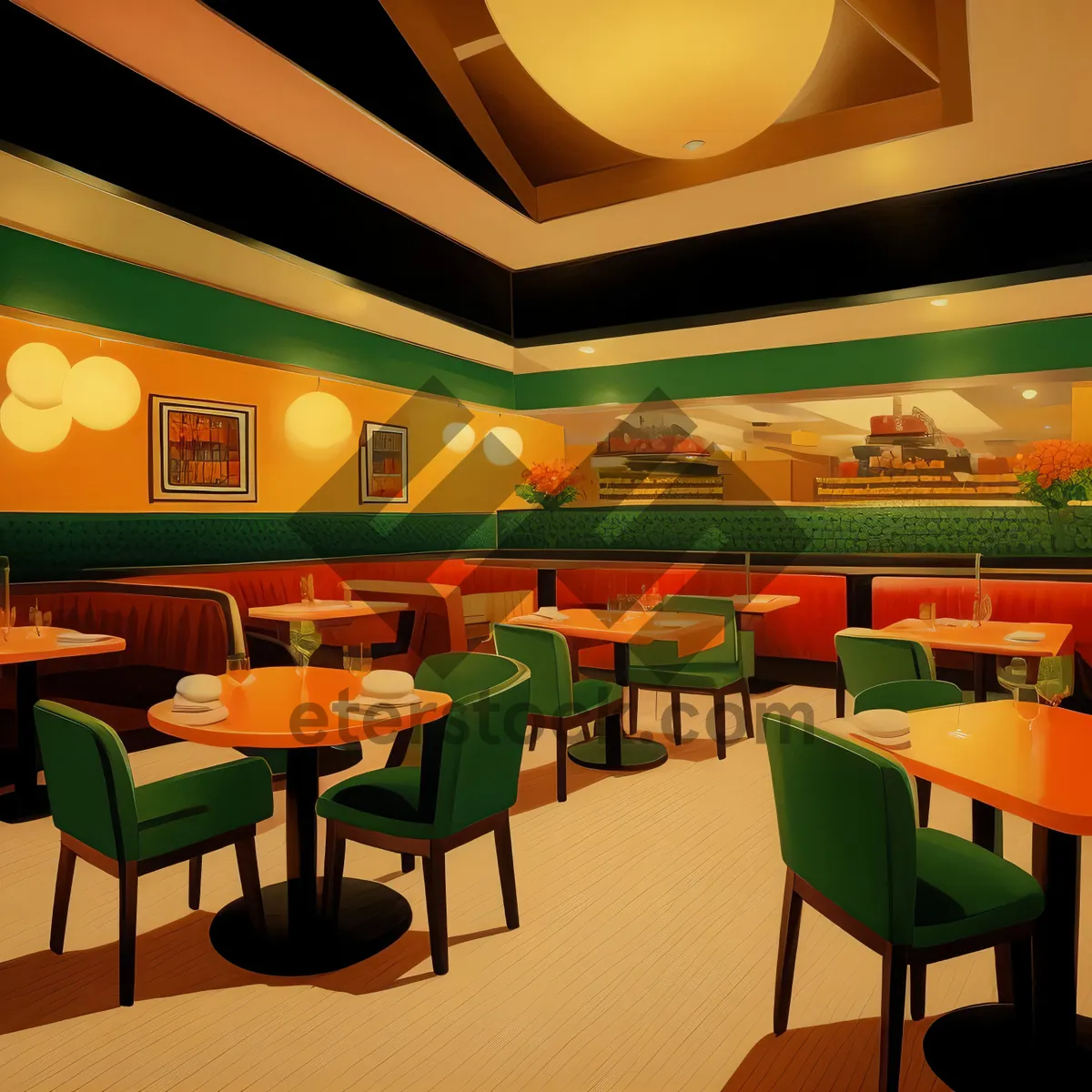 Picture of Modern interior design of stylish restaurant with wooden chairs