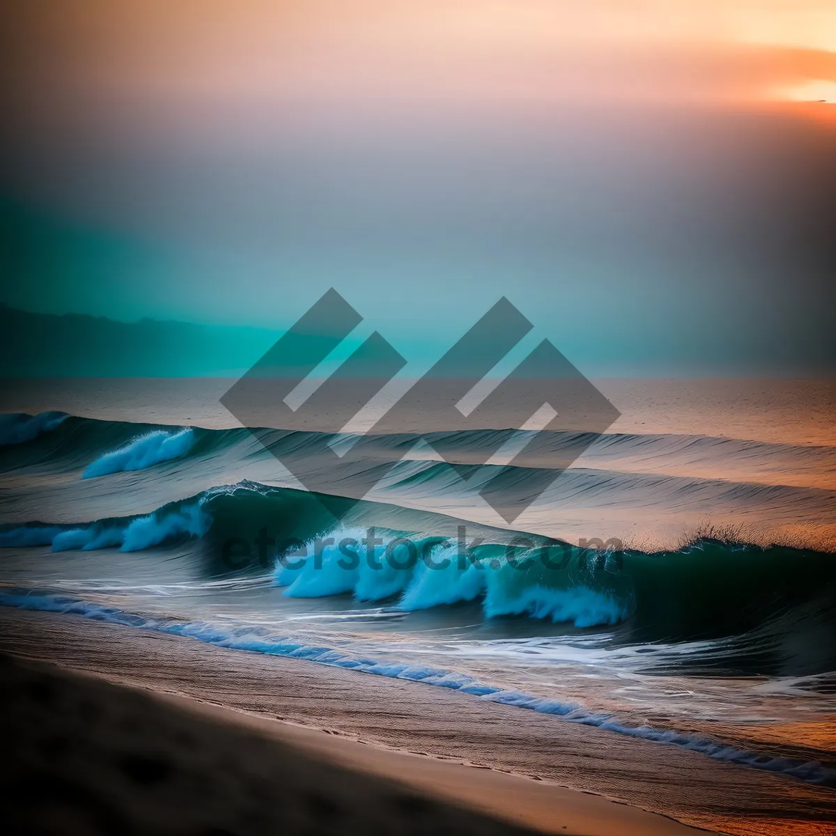 Picture of Golden Coastal Sunset: Serene Beach Water Meeting Orange Horizon