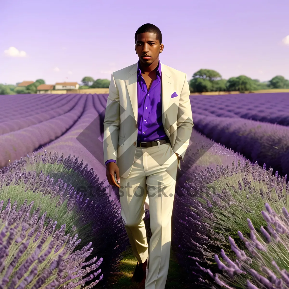 Picture of Summer joy amidst lavender field with happy man.