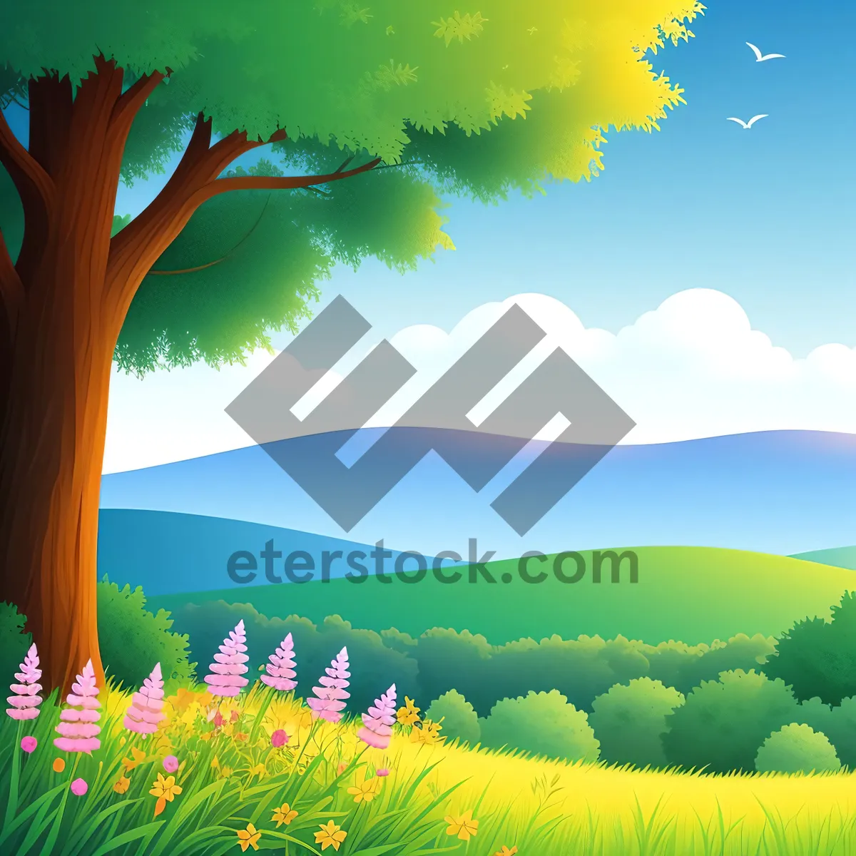 Picture of Vibrant Spring Meadow Landscape With Clear Blue Sky