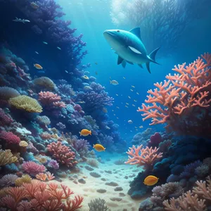 Exotic Coral Reef Exploration: Colorful Marine Life amidst Sunlit Waters.
