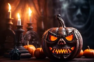 Spooky Jack O Lantern at night with candlelight glow