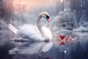 Black swan gracefully swimming in reflective lake