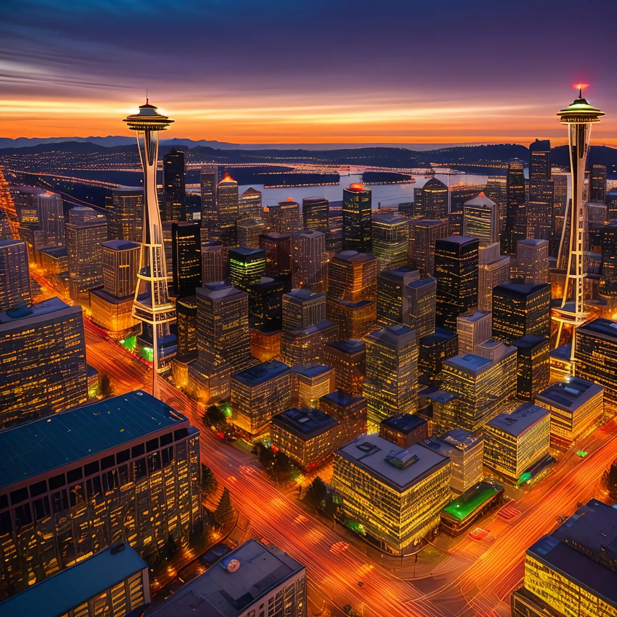 Picture of Nighttime Cityscape: Vibrant Urban Skyline at Sunset