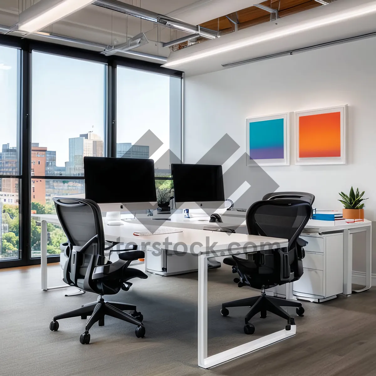 Picture of Modern luxury office interior with wood furniture and lamp