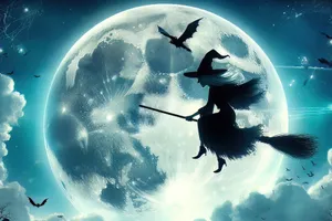 A witch flying on a broomstick against a huge full moon. AI, Generation, Illustration