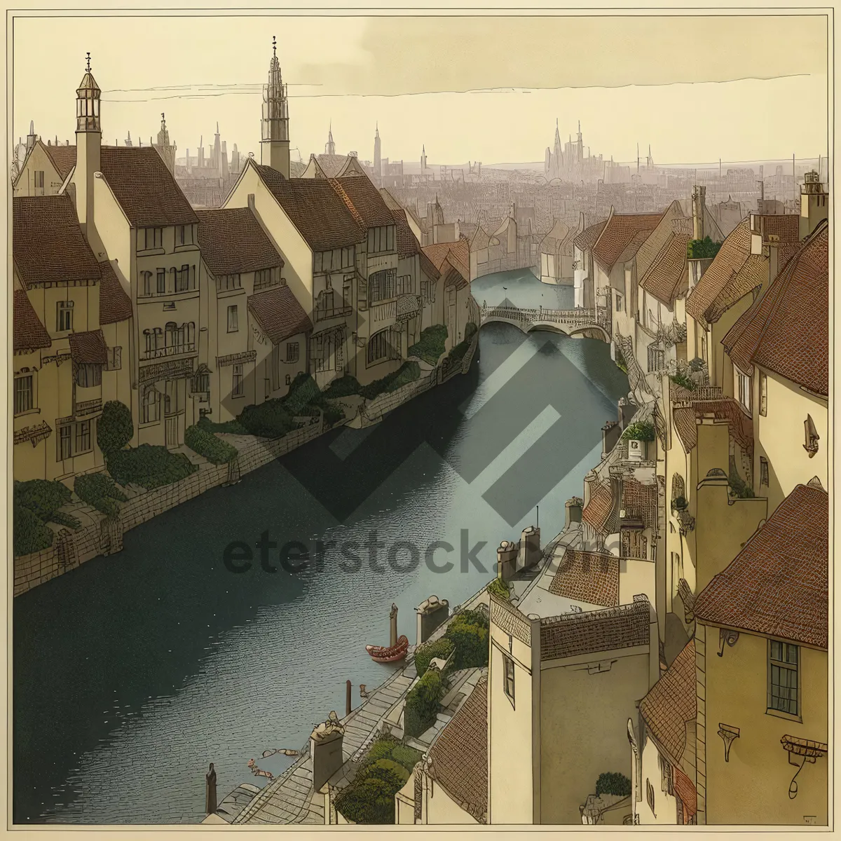 Picture of Ancient Cityscape with Majestic Bridge and River