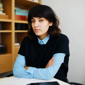 Attractive businesswoman working on laptop in office smile