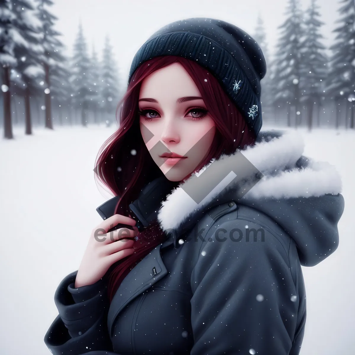 Picture of Happy Snowy Winter Portrait: Smiling Teen in Fur Coat